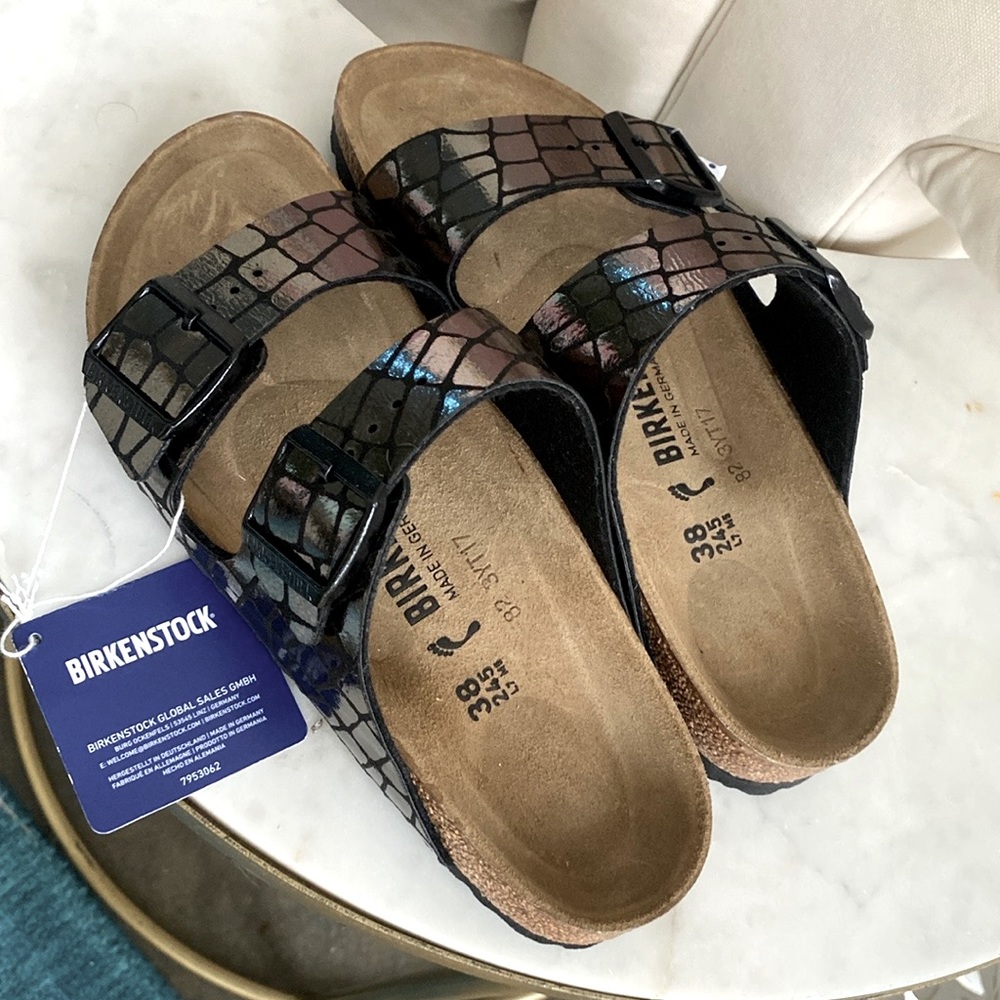(NWT) Birkenstock Arizona BS Sandals Womens NARROW Fit Gator Gleam Black